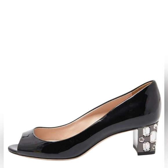 Miu Miu Embellished Jeweled Crystal Block Heel Black Patent Leather Pumps. Sz 38 - Picture 1 of 8